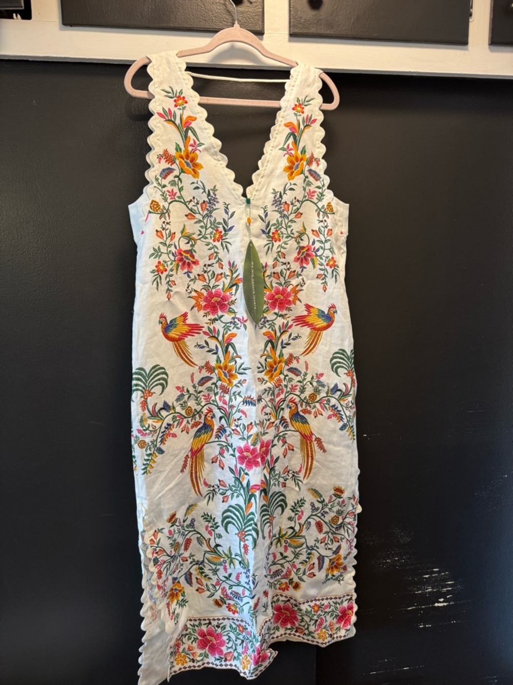 FARM Rio White Linen Maxi Dress with Bright Floral & Bird print with POCKETS L - Picture 7 of 11